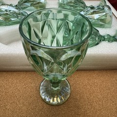 Embossed Green Glass Goblet Set of 6 Vintage‑Style 10 oz Wine/Water Goblets