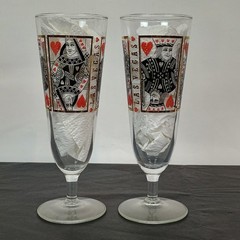 Vtg Pair King & Queen of Hearts Footed Pilsner Glasses Barware Las Vegas Poker