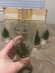 🎄​8 VTG CUTHBERTSON Christmas Tree 12 oz Tumblers Glasses, Gold Rim, 5.5″​ BOX