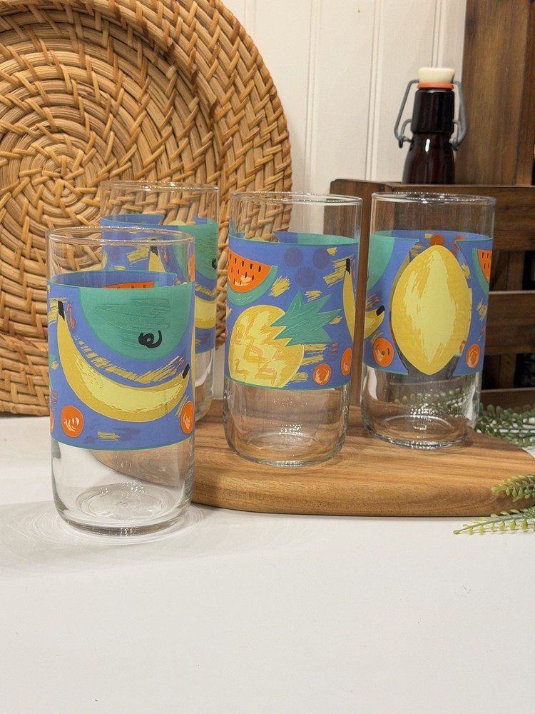 Vintage 1980s Set of 4 Fruit Pattern Drinking Glasses Pastel Mat 475ml