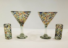 Mexican Art Glass Cocktail & Shot Glasses Confetti Pebble Design 4 Pieces