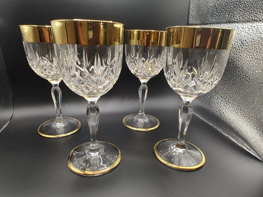 Vintage Crystal Wine Glasses 24K Gold Plated Bands Set Of 4