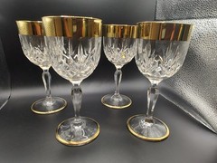 Vintage Crystal Wine Glasses 24K Gold Plated Bands Set Of 4