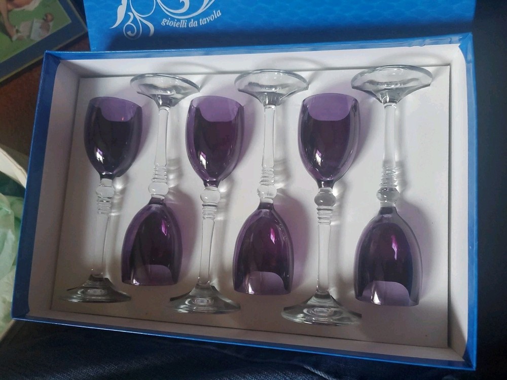 G A CRYSTAL ITALIAN WINE GOBLETS Amethyst and Clear set Of 6 in box