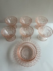 Pink Depression Glass~ Pink Jeanette Holiday Buttons & Bows 7 Piece Lot