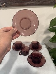 Vintage Vereco France Amethyst Glass Cup Saucer SET OF 4 Espresso Tea Coffee