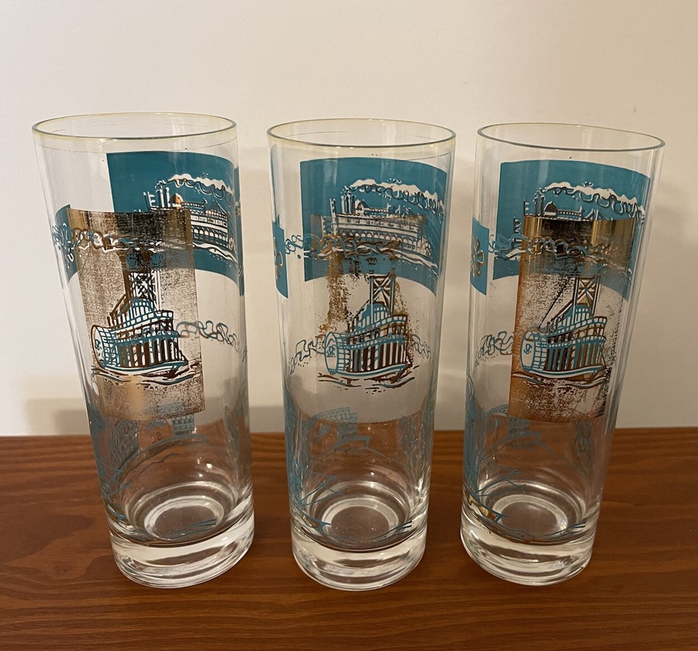 Set of 3 Libbey 7″ Mid Century Modern Gold Teal Riverboat Tumbler Glasses