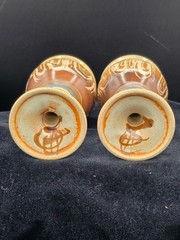 Pair Studio Art Pottery Goblets Hand Thrown Brown Blue Sgraffito Wine Chalices