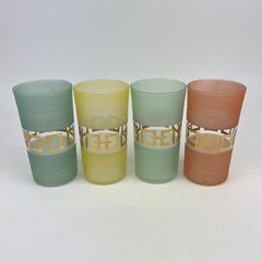 Vtg Bartlett Collins Frosted Pastel & Gold Link Highball Tumbler Glass Set MCM