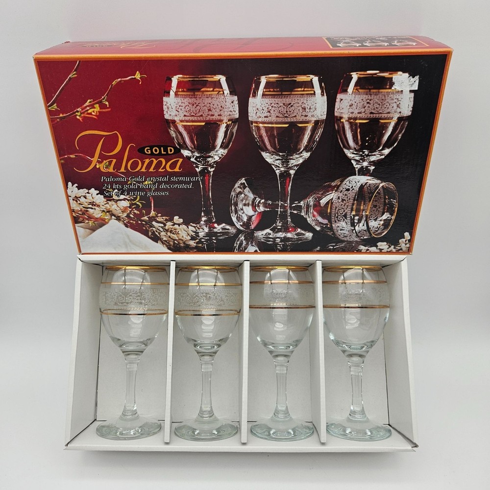 Paloma 24k Gold Band Etched Floral Crystal Wine Glasses Boxed Set of 4 NEW