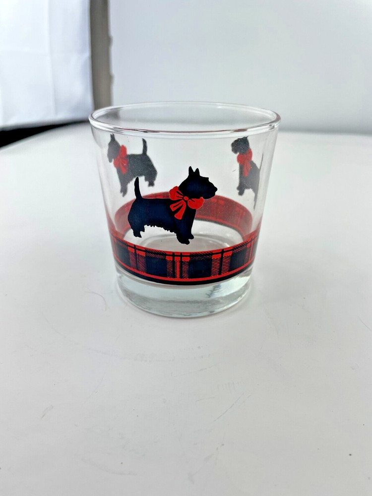 Scottie Dog (Scottish Terrier) Tartan Themed 8 oz Glass – 3″ Tall, 3″ Diameter