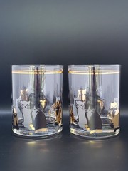 Set of Two (2) CULVER «CATS» Double Old-Fashioned Glassware 22k Gold Blk. Wht.
