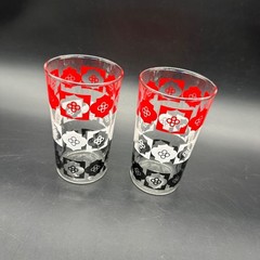 Vintage Glass Tumblers Red Black White Floral Mid Century Retro Set Of 2