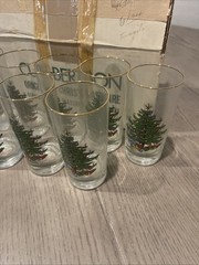 🎄​8 VTG CUTHBERTSON Christmas Tree 12 oz Tumblers Glasses, Gold Rim, 5.5″​ BOX