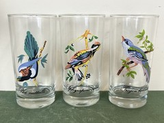 Vintage MCM Hand Painted Exotic Bird Barware Glasses (Set Of 3) 5.5” Cocktails