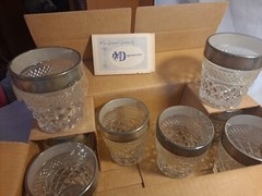 Vintage set 8 Kingsford Crystal drinking Glass Tumblers w Silver Band 10 OZ New