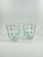 Set of 2 Libbey Glassware MCM Gold Blue White Rhombus Diamond Juice Shot Glass