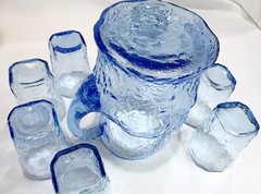 8 10 oz TUMBLER and 64 oz PITCHER Morgantown Gloria Blue Crinkle Glassware