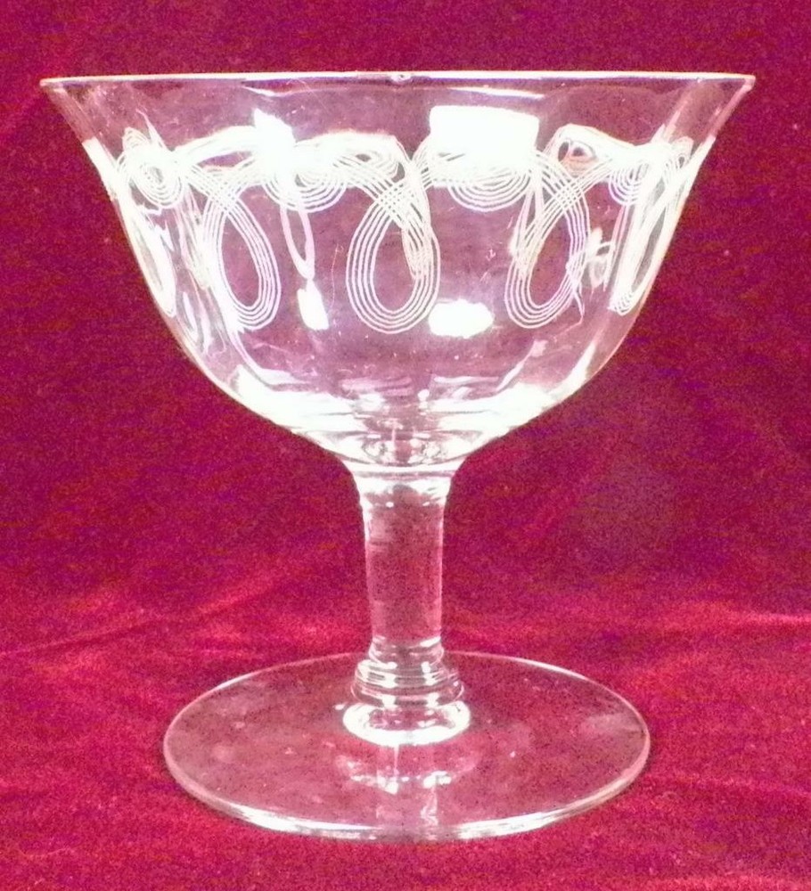 Sherbet Champagne Goblet Optic Panel Needle Etch Elegant Glass Spiral Loops HELP