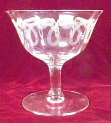 Sherbet Champagne Goblet Optic Panel Needle Etch Elegant Glass Spiral Loops HELP