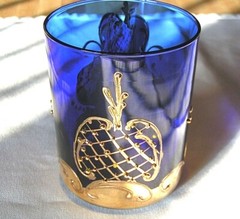 6 Rare Vintage Cocktail Glasses Holiday Party Blue 3D Flowers 24K Gold Overlay
