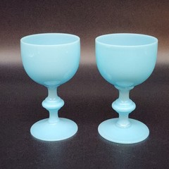 Set of 2 Blue Opaline PV Glass Goblets 4.5″T French 1930’s Portieux Vallerysthal