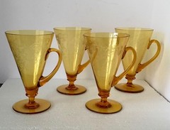 Amber Glastonbury-Lotus Garland Etch Ftd Depression Glass Handled Tumblers,