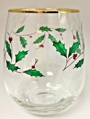 Lenox Holly Pattern Stemless Holiday 6 Fancy Wine Glasses 14kt Gold Rims Labels