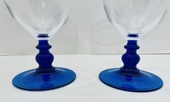 Pair Of Luminarc Crystal Wine Water Goblets Cobalt Blue Stem Base 6″ 12