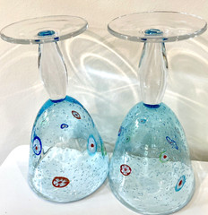 Artland Turquoise Blue Melifiore 14 Oz Set Of 2 Hand Blown Glasses 7.5” Tall
