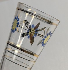 Vintage Hand Enameled Art Deco Fluted Cordial Blue Yellow Flowers Golden Trim