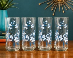Vintage Libbey Blue Dogwood Floral Tumblers Set of 4 Glasses HTF MCM 5.25″