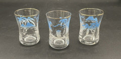 Blue White Embossed Asian Boat Scene Sake Cordial Shot Glasses (3)