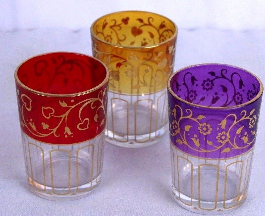 3 Jewel Tone Juice Glasses Double Shots Candle with Gold Tone Pattern Appx 3.25″