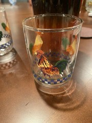 Ella’s Rooster pattern juice glasses. 3 3/4” Excellent Condition