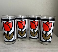 Vintage Anchor Hocking «Happy Times» Tulip Floral Flower Glasses Set Of 4 MCM