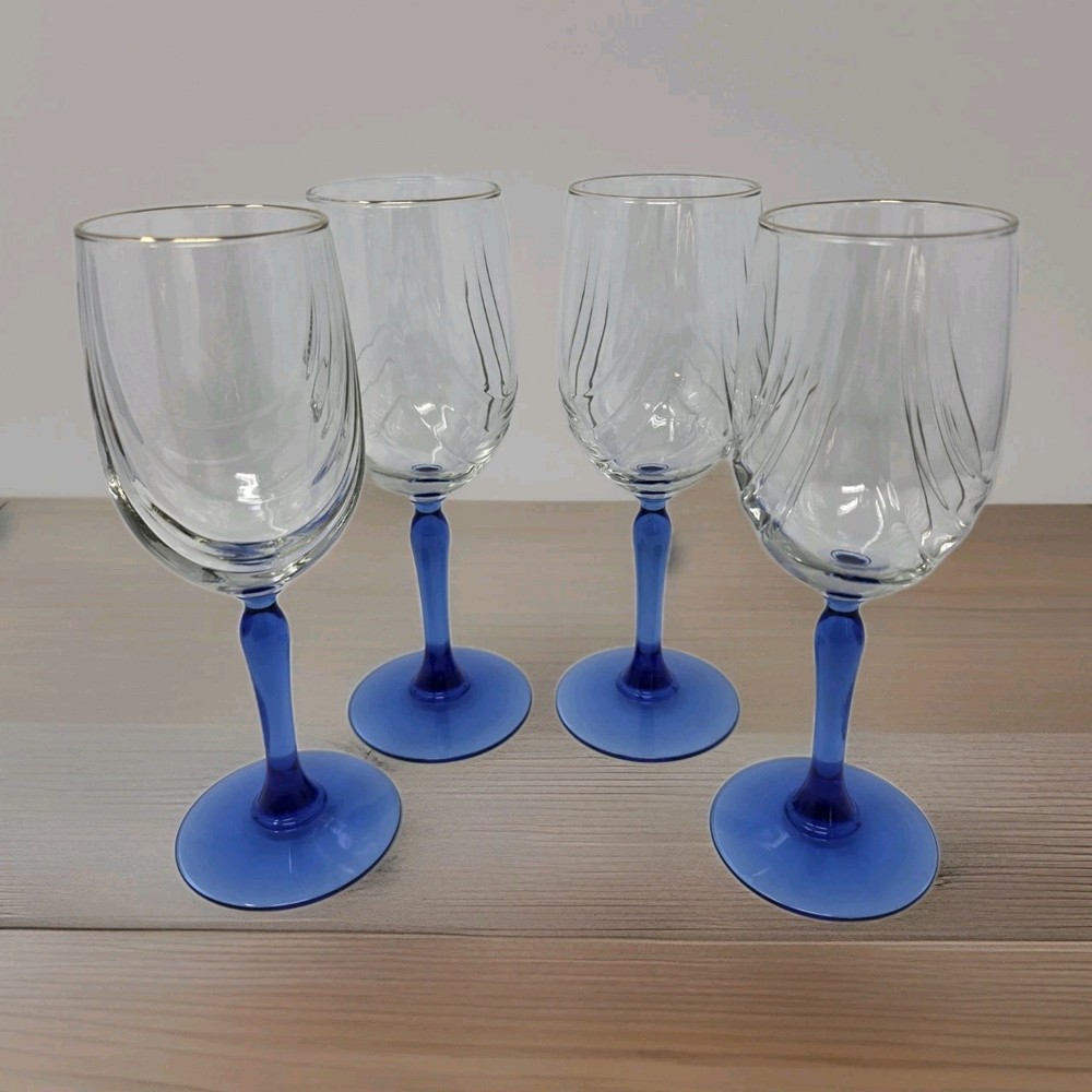 Libbey Crystal Blue Water Wine Goblets Arby’s Drape Optic Blue Stem Gold Trim