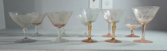 Vintage Glassware Lot Stemware Etched Amber 10 Lot Depression Champagne Sherbert