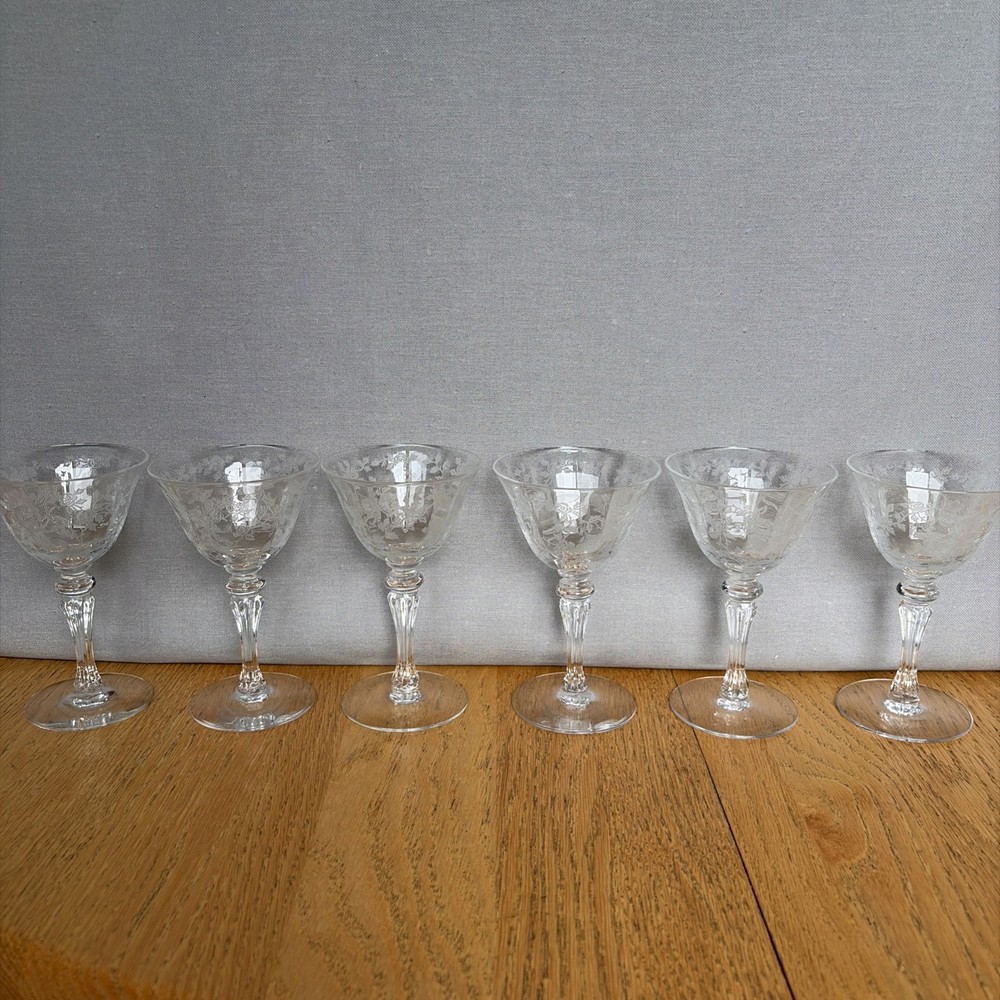6 Vtg Tiffin Franciscan Cerice Cordial Glasses -Etched Roses – 4 3/4” – Perfect!