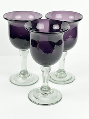 3 Purple Amethyst Hand Blown 6 oz. Goblets-Bell-Shaped Wine Glasses Clear Stem