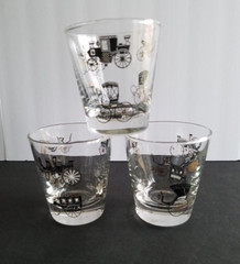 3 VTG Libby 8 Oz Black Gold Trim Clear Antique Automobile Car Rocks Glasses