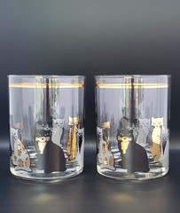 Set of Two (2) CULVER «CATS» Double Old-Fashioned Glassware 22k Gold Blk. Wht.