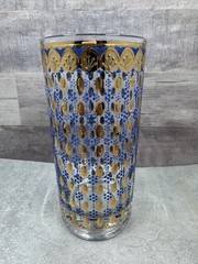 Vintage Culver Tivoli High Ball Glass Blue Enamel Dots Gold 5.5″ Tall