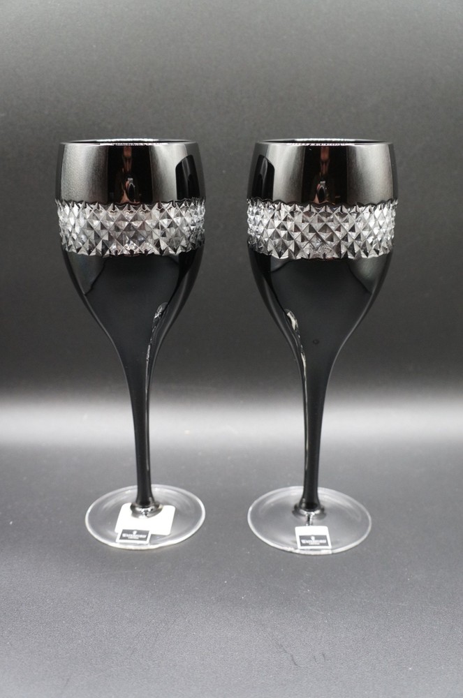 Set of 2 JOHN ROCHA Waterford Crystal Black Cut Red Wine Glasses Original Box