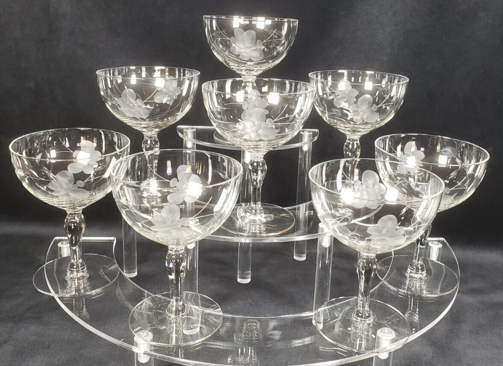 8 VINTAGE Toscany Crystal Cut Etched Butterfly Floral Champagne Glasses 4.5″