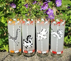 Libbeys 1950’s 4 Frosted Circus Carousel or Merry Go Round Tom Collins Glasses