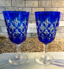 (2) Bohemian Glass Cobalt Blue Cut to Clear LARGE Iced Beverage Goblets
