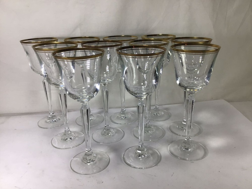 QQ96 Vintage Mikasa Set of 11 Gilded Edge Crystal Goblet Hand Blown Wine Glass