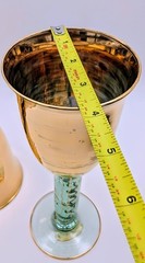 Laurie Gates Gold Goblets Pair Aqua Stem Hand Painted Metallic Wine Glasses 8.5”