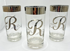 Set of 3 Silver Rim Glasses Dorothy Thorpe Monogram R 5.5” Mid Century High Ball